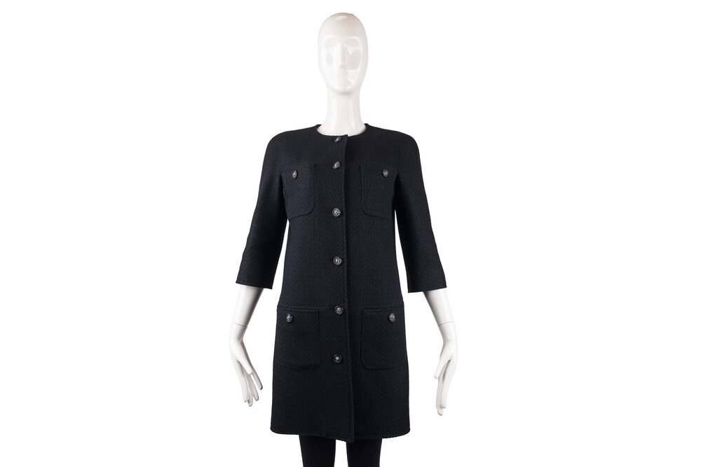 Chanel Black 4 Pocket Collarless Coat Wool Tweed Silver Hardware Size 38